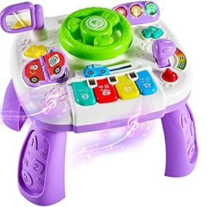 LINFUN KIDS Musical Learning Activity Table Baby Toys, 2 In 1 Steering Wheel Toy Sensory Activities Toys Gifts for Kids Toddlers Boys Girls 18+Months