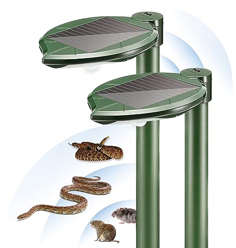 Solar Snake Repellent Ultrasonic Outdoor with LED Light, Sonic Mole Repeller Solar-Powered, Snake Mole Vole Gopher Away for Lawn Yard 2PK