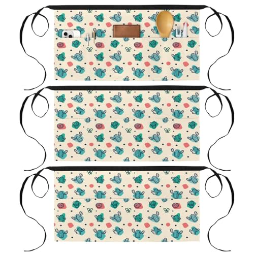 Tablier court de cuisine à motifs cactus lot de 3 demi-tabliers avec 3 poches pour le bistrot