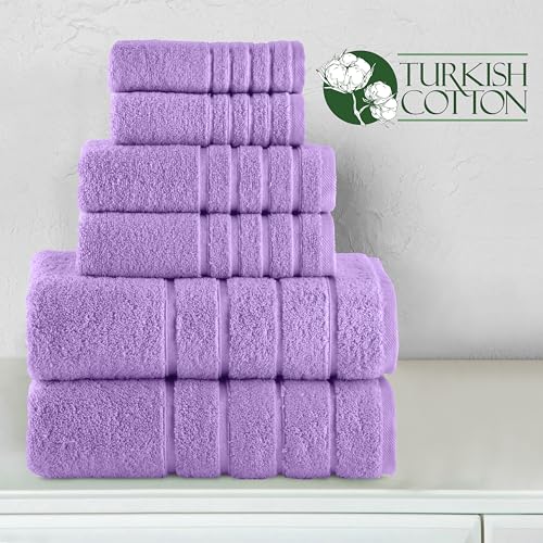 Image of Elegant Comfort 4 Lines Viscose Stripe 6-Piece Premium Towel Set - 100% Turkish Cotton High Absorbent Luxury Bathroom Towels - Includes 2 Washcloths, 2 Hand Towels and 2 Bath Towels Set, Lilac