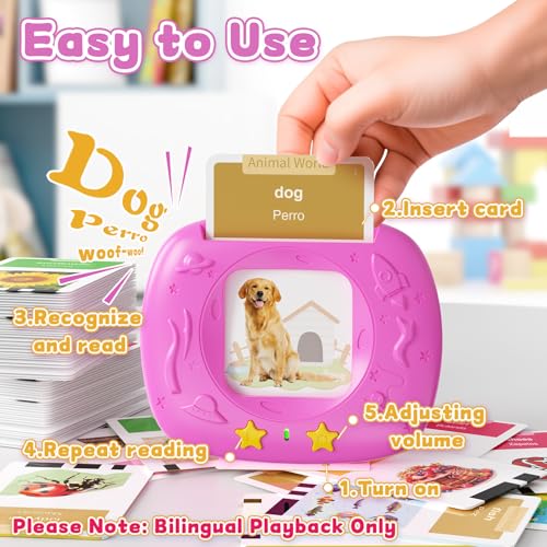 Image of HOMESTEC Toddlers Bilingual Spanish & English Talking Flash Cards, Pink