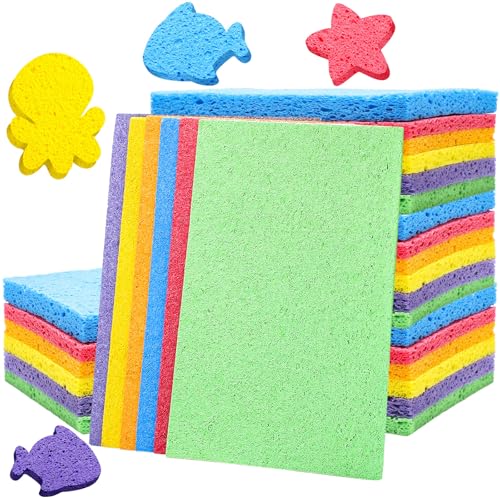 Honeydak 12 Pcs Cellulose Compressed Sponges for Craft 5 x 7 DIY Art Stamps Projects Supplies Assorted Colors Natural Dish Sponges for Classroom Crafts Home Cleaning