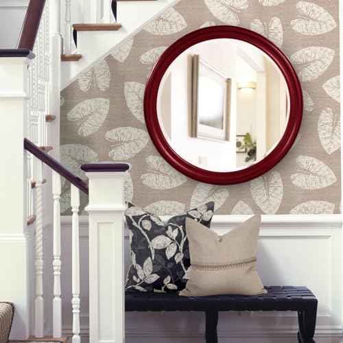 Image of Howard Elliott Collection George Round Glossy Burgundy Wall Mirror, Bevelled Vintage Hanging Wood Framed Vanity Mirrors for Home Decor, Living Room, Bathroom, Bedroom, or Hallway, 36 Inch Round