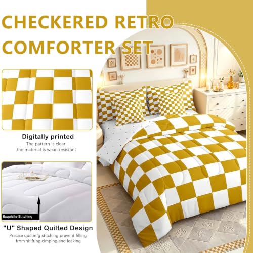 Image of Feelyou Checkered 7 Piece Bedding Set Teen Yellow White Plaid Decoration Comforter Set with Sheets Queen Size Kids Boys Cute Retro Neutral Grid Geometric Bed in a Bag Vintage Aesthetic Room Decor