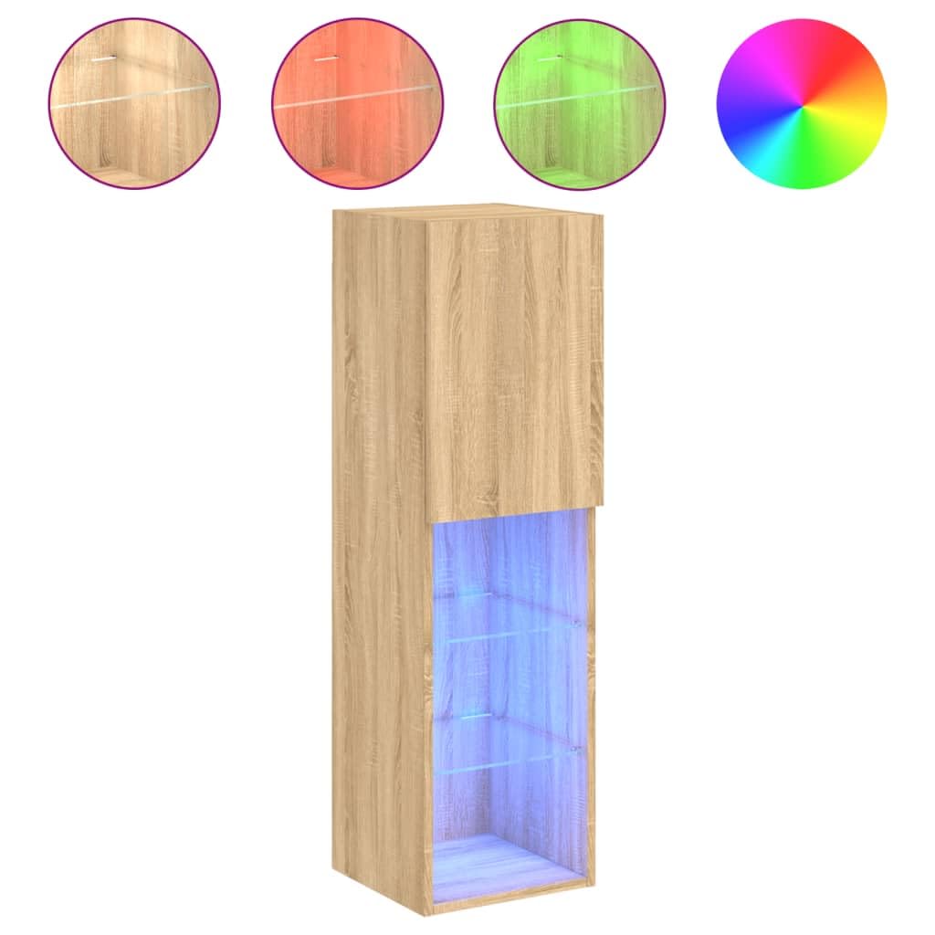 Szafki TV z LED 2 szt dąb sonoma 30 5x30x102 cm TV meubel met RGB verlichting zwevend wandmontage opbergkast voor woonkamer glas hout