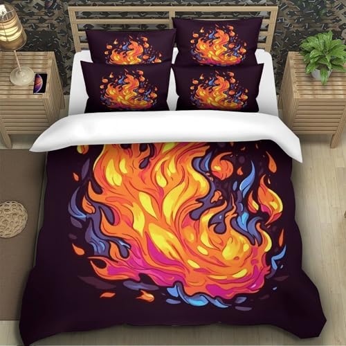 Housse de couette flammes 3D microfibre lit double sans décoloration