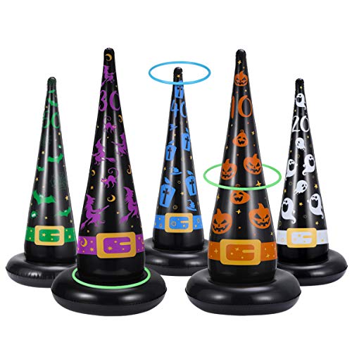 CLISPEED Inflatable Witch Hat Ring Toss Game Halloween Games Ring Toss Set 5pcs Inflatable Witch Hats with 10 Plastic Rings