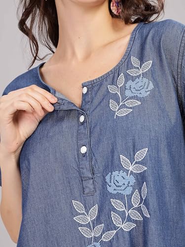 Image of 9shines Label Stylish Denim Cotton Nighty Maxi for Women | Full Length Trendy Nightgown | Premium Nightdress | Nightwear | Embroidery Nighty with Pocket (9SDS)