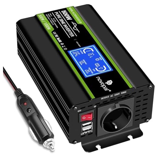 NOVOPAL 500W Wechselrichter 12V auf 230V 220V Reiner Sinus Spannungswandler mit intelligenter LCD-Anzeige - 2USB-Ausgang, EU-Stecker Für Auto KFZ Wohnwagen LKW