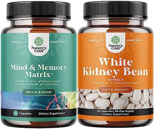 Bundle of Enhance Brain Memory, Boost Focus, Improve Clarity Mind Booster Supplement and White Kidney Bean Energy Booster - Pure Herbal Ingredients - Natural Energy Pills and White Bean Extract