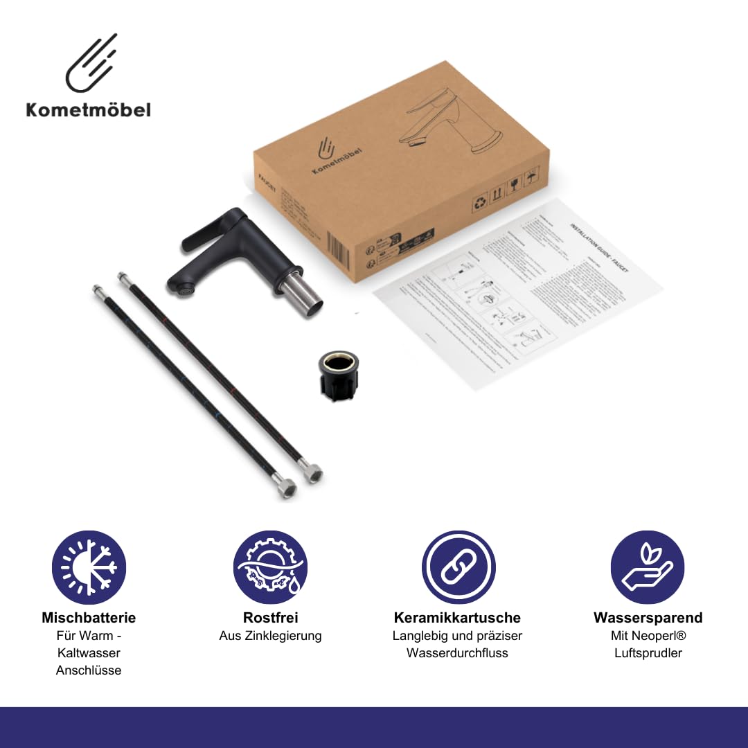 Gäste-WC Waschtisch Set 40 cm Vormontiert Klein Waschbecken mit Unterschrank (Schwarz 40cm, Mit Wasserhahn Schwarz)