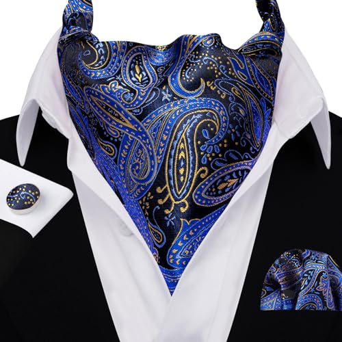 Image of Barry.Wang Ascot Ties Cravat Tie Men Paisley Plaid Scarf Self Tie Pocket Square Cufflinks Set Wedding Party