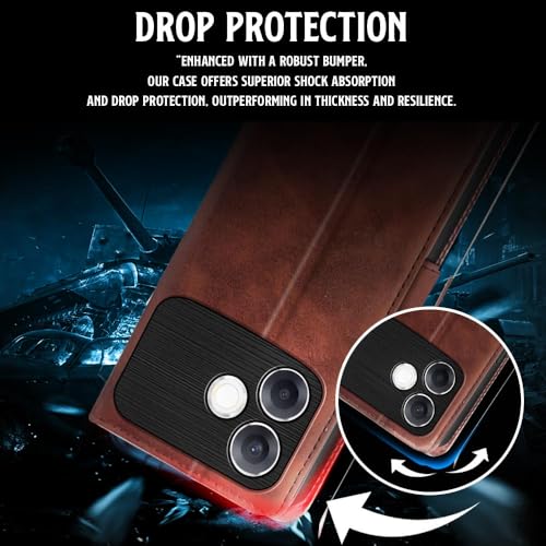 Image of WOW IMAGINE Shock Proof Flip Cover Back Case for Oppo F33 Pro 5G (Magnetic Button Flip Case | Wallet Pockets & Stand | Leather Finish | Coffee)
