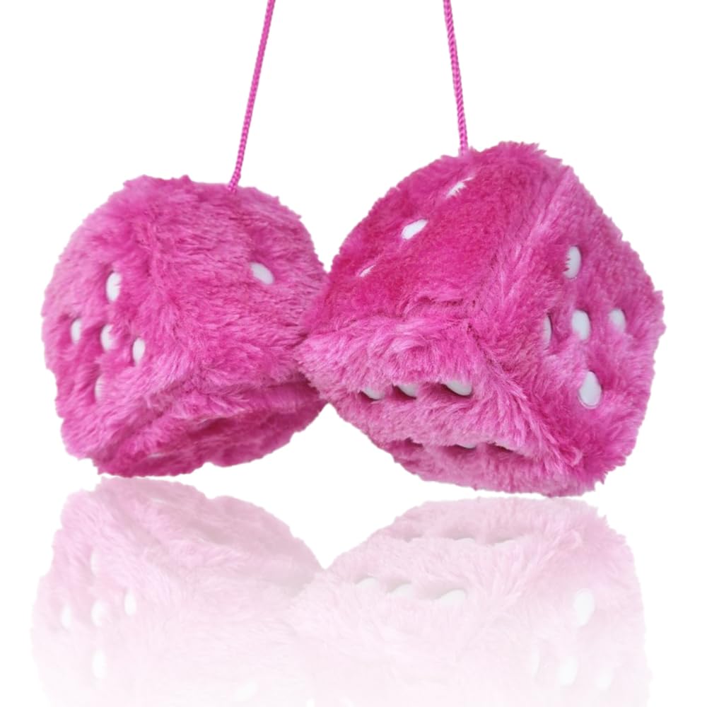 Mioyoow Pink Fuzzy Plush Dice, Universal Fashionable Car Square Decoration Easy To Install Dice Car Hanging Furry Dice With Dots For Car Rearview Mirror
