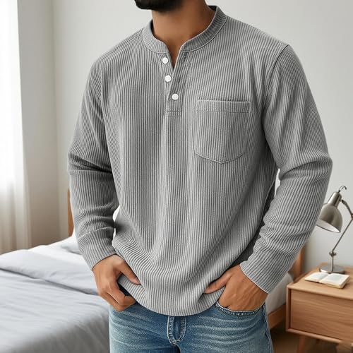 Mokaloha Mens Long Sleeve Shirts, Men's Simple Everyday Ribbed Stand Collar Pocket Casual Long Sleeve Henley Shirt2