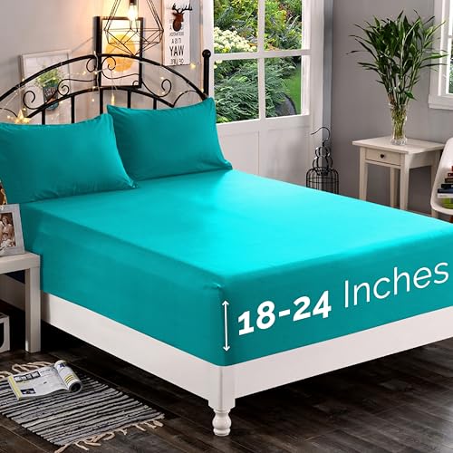 Elegant Comfort 1500 Premium Quality Fitted Sheet Ultra Soft 18-24 Inch Extra Deep Pocket - Single Fitted Sheet for High Mattress - Wrinkle Free with Smart Storage Pockets, King, Turquoise