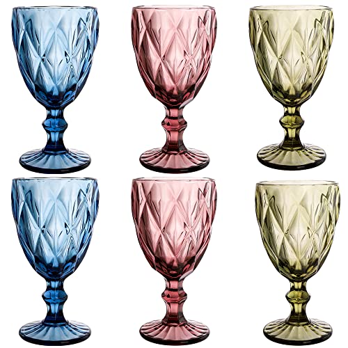 Soujoy Set Of 6 Colored Wine Glasses, 10Oz Vintage Glass Goblet With Stem, Romantic Diamond Pattern Embossed Drinkware For Party, Wedding #TOP7