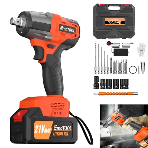Cordless Brushless Impact Wrench & Eletric Drill, 21V High Torque 550N.m Cordless Wrench Kit with 6Ah Battery & Fast Charger, 4pcs Impact Sockets & 12 Drill Accessories - Orange