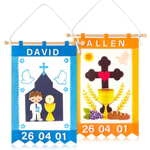WATINC First Communion Banner Kit - 2 Pack DIY 1st Holy Communion Felt Banner Craft Decoration for Boys, Make Your Own Blue Baptism Christian Cross Hanging Decor for Sunday School (Baptism Ceremony)