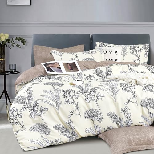LEMIROE 100% Cotton Duvet Cover Queen Size,Vintage Design with Luxurious Black Sketched Flowers & Leaves on Cream,Reversible Taupe Bed Sets 3Pcs,Button Closure