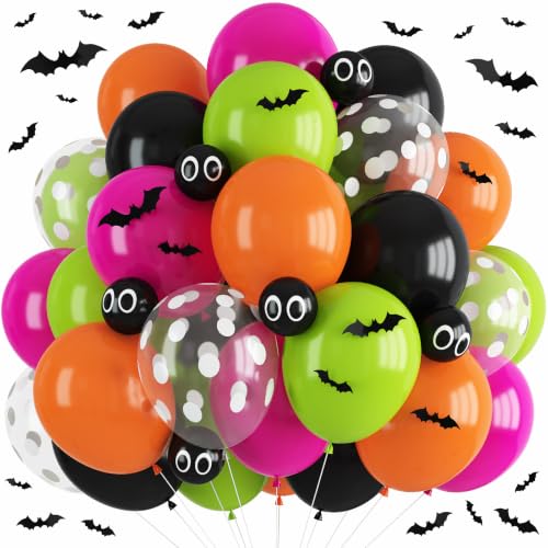 Image of Neon Halloween Balloons Bright Pink Green Orange Cute Halloween Party Decor | Hot Pink Lime Green Black 3D Bat Sticker Eyeball Bat Print Balloon for Kids Spooky Night Trick or Treat Backdrop Decorations