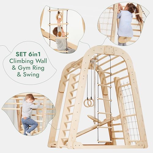 Image of Goodevas Wooden Kids Climbing Frame Indoor - Montessori Playground with Slide, Climbing Wall & Rope Ladder - Enhanced Montessori Gym for Children Ages 3 to 8