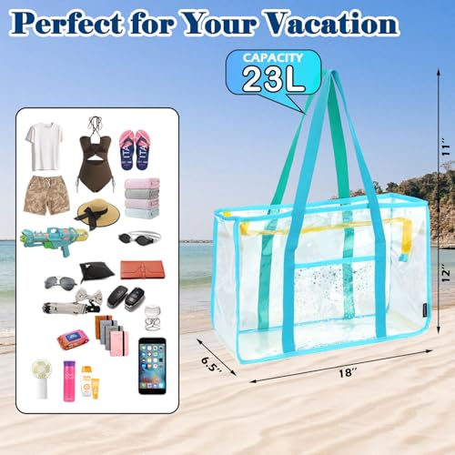 Image of Fammart Clear Beach Bag for Women, Large Pool Tote Cruise Vacation Essentials - Zipper Closure, Waterproof, Sandproof