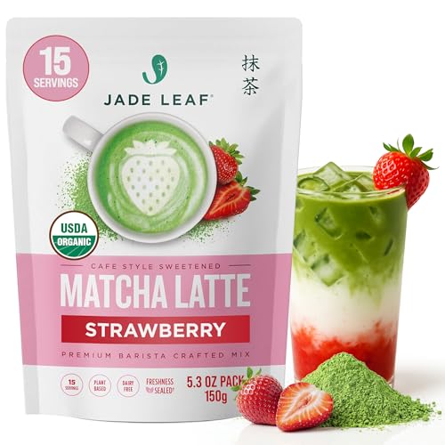 Jade Leaf Matcha Organic Strawberry Matcha Latte Mix - Lightly Sweet Japanese Matcha Green Tea Powder with Organic Cane Sugar for Café Style Blend, 5.3 Ounce / 150g (Pack of 1)
