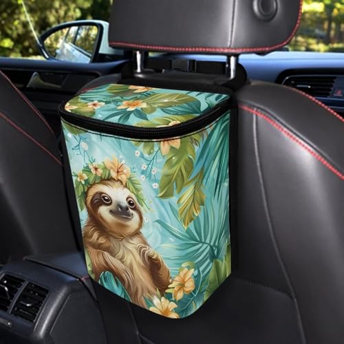 Image of Talayituse Sloth Leaf Print Car Trash Can Portable Auto Garbage Bin Multifunctional Vehicle Interior Accessories with Adjustable Straps Universal Fit Truck SUV Sedan
