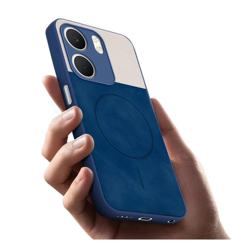 Image of Bintage CASE Dual-Leather Mac Safe Design Phone Case| Soft Touch Finish | Full Camera Protectection Back Cover Compatible for Oppo CPH2733 /Oppo A5x 5G - White & Royal Blue