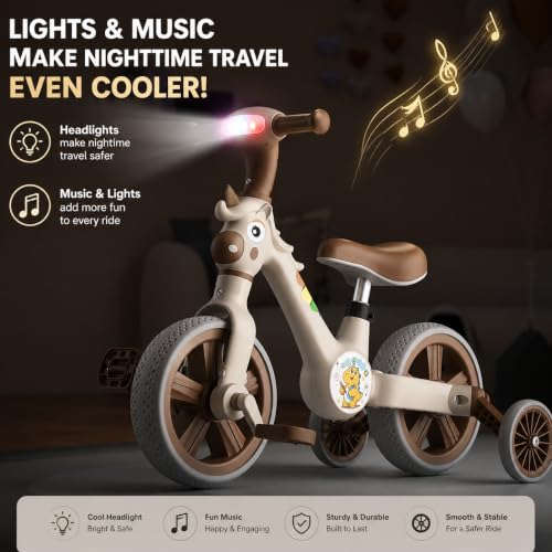 Image of 3-in-1 Kids Tricycle with Music & LED Light | Convertible Tricycle to Balance Bike | Ride-On Cycle for Kids10 Months to 3 Years (Brown)
