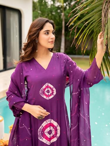 Image of Nermosa Women Viscose Kurta Pant Dupatta Set | Summer Friendly Ethnic Suit Set for Women | V-Neck Printed Kurti with Matching Pants & Dupatta | Casual & Office Wear