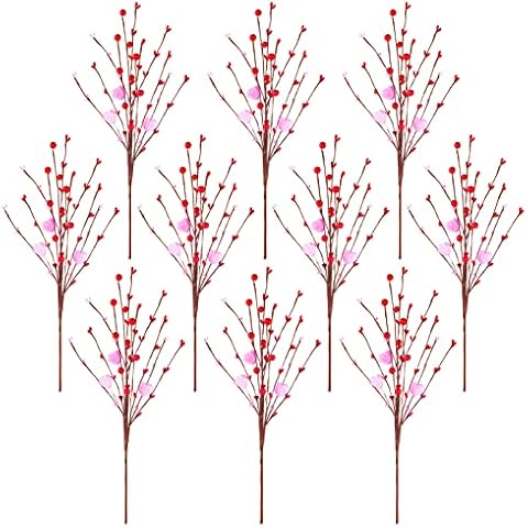 10 Pcs Valentine Artificial Plants Heart Berry Stems 16 Inch Artificial Flowers Twig Stem Heart Bunch Fake Floral Bunch Decorations for Valentine Irish Vase Bouquet and DIY Craft(Valentine Heart) Cover