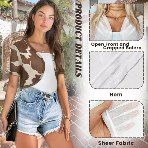 Image of Womens Short Sleeve Bolero Shrug Open Front Knit Cropped Cardigan Shoulder Cover for Dress Cute Casual Knit Cover Up