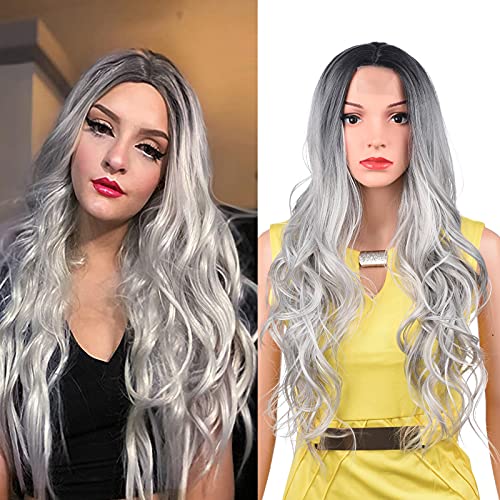 Black To Grey Ombre Synthetic Wigs Mixed Color Natural Wave Wigs for Women Natural Hairline Lace Long Wig for Daily Use Heat Resistant Hair Replacement Wigs (Ombre grey)