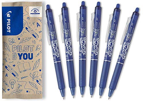 PILOT - 6 FriXion Ball Clicker - Encre Gel Effaçable - Stylo Roller Rechargeable, Rétractable et Ergonomique - Bleu - Pointe moyenne