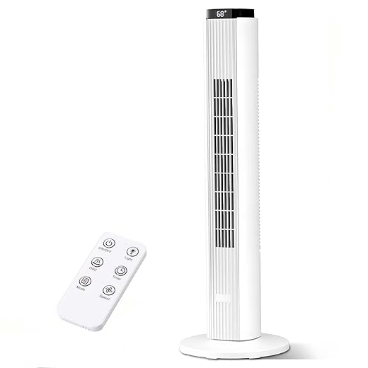 Antarctic Star 37-Inch Bladeless Portable Tower Fan 80°Oscillating,Quiet Cooling with 12H Timer Remote Control, 6 Speed, 4 Modes, LED Display,Standing Fan Powerful for Bedroom Office Dorm, White