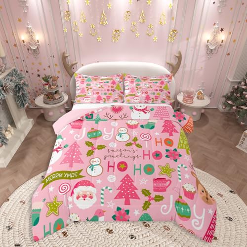 Erosebridal Pink Christmas Comforter Set, Cartoon Santa Claus Bedding Set Queen Size for Kids Boys Girls Women,Snowman Pine Duvet Sets Christmas Tree Cute Deer Down Comforter Xmas Decor,2 Pillowcases