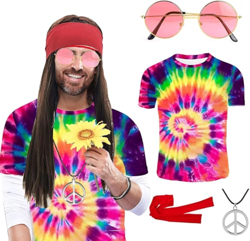 GLEEMEN Disfraz de los años 70 para hombre y mujer, 6 piezas, camiseta hippie, peluca, gafas, collar de paz, cinta para la cabeza, ropa de los años 70, carnaval, multicolor, Talla única