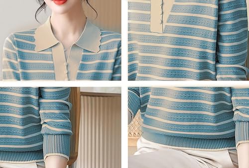 Womens Polo V Neck Striped Sweaters Long Sleeve Layered Look Knitwear Pullover Tops4