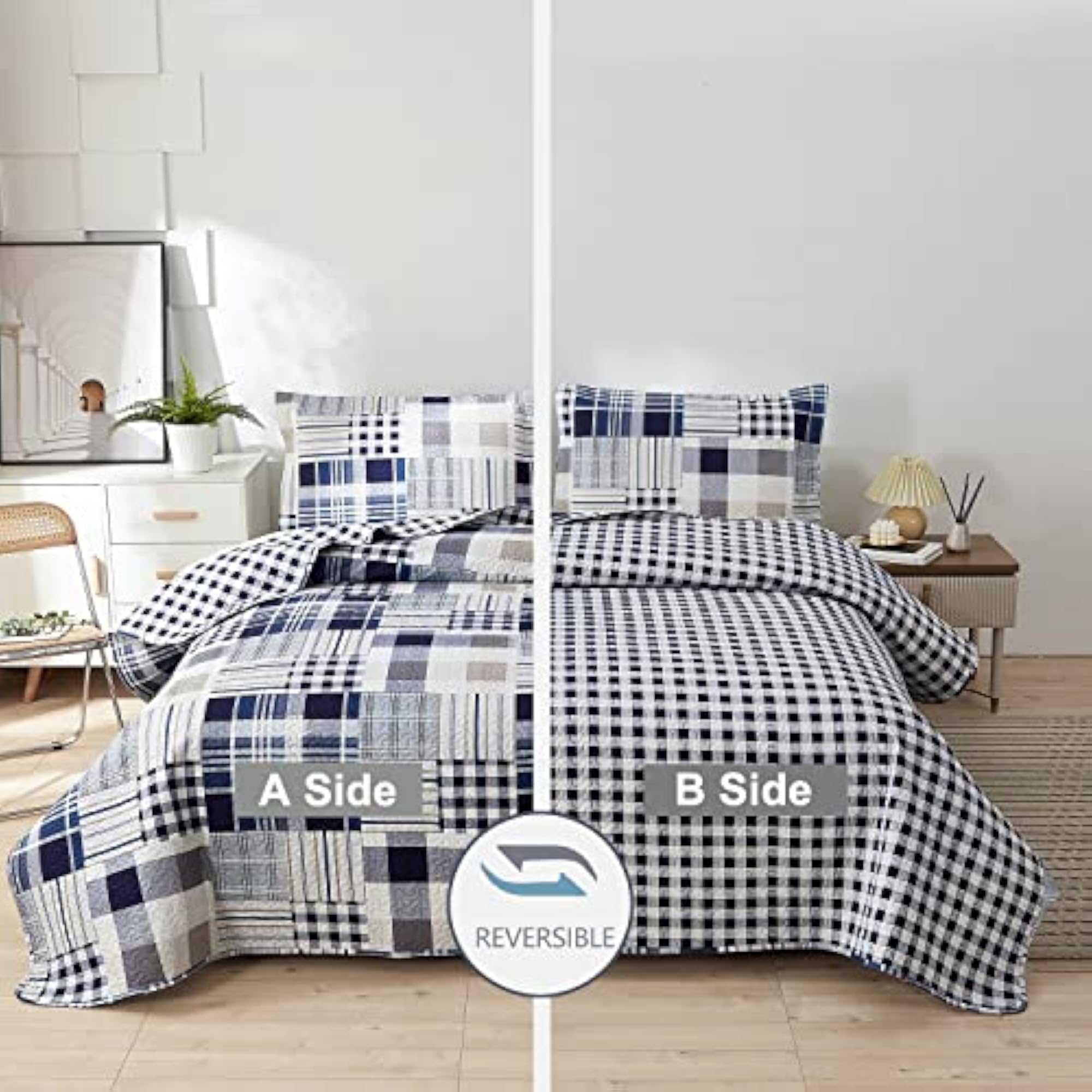 Patchwork Navy Blue Buffalo Plaid Quilts Set, 3Pcs