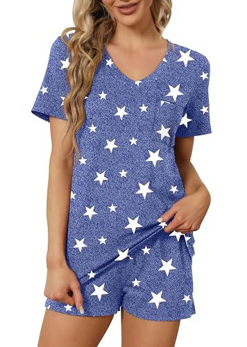 Image of RUBZOOF Women's Short Sleeve Pajama Sets with Pockets Casual V Neck 2 Piece Lounge Sets S-3XL