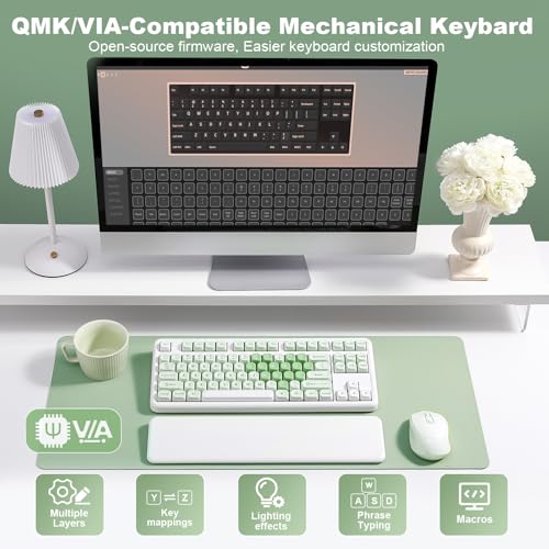 Image of YUNZII B87 Wireless Mechanical Keyboard,QMK /VIA Programmable,TKL Layout 87 Keys,BT /2.4G /USB-C,Hot Swap Gasket Mount RGB Backlit Gaming with Wrist Rest for Win /Mac (Matcha Heart, Cocoa Cream V2)