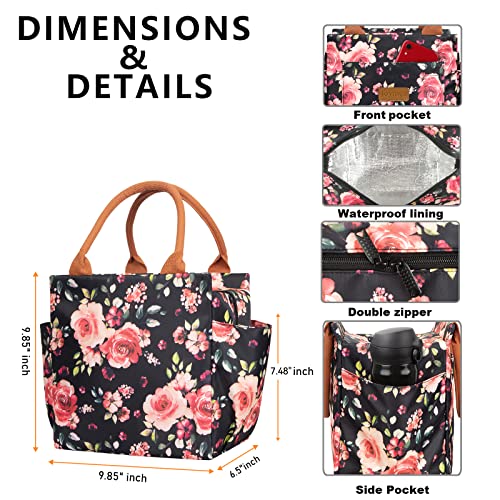 Joymee Lunch Bag Women Insulated Lunch Box Reusable Durable Leakproof Large Spacious Cooler Tote For Womens Mens Adults With Bottle Holder And Side Pockets For Work Office Travel Picnic - Pink Floral #TOP1