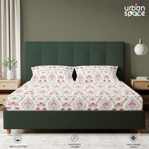 Image of Urban Space Serene 200 TC 100% Cotton Bedsheet for King Bed, Cotton King Bedsheet with 2 Pillow Covers Floral(Persian-Courtyard Pink, Size 108 x 108 inches)