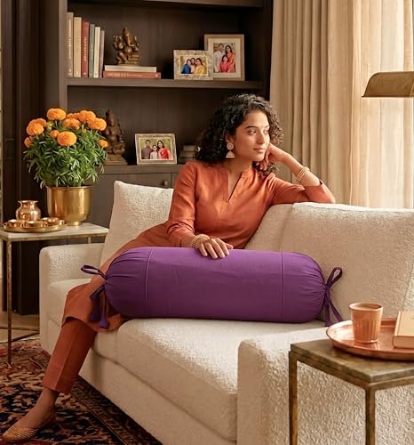Image of SAJAVAT HOME Purple Bolster Pillow Covers Set of 2 | 32x15 Inch Round Side Cushions for Sofa, Bed & Diwan | Decorative Masnad Covers with Tie Closure