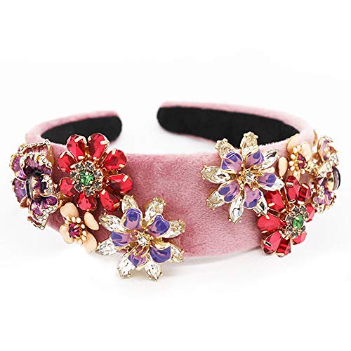 QTMY Fashion Flower Pearls Crystal Headband,Wide Hair Hoop for Women,Hair Accessories Head Band Headwear,Pink