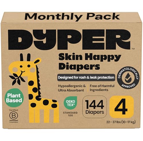 Image of DYPER Monthly Pack Baby Diapers Size 4 (22-37 lbs) 144 Count - Leak-Proof & Plant Based, Hypoallergenic and Ultra Absorbent Size 4 Diapers for Day and Overnight Skin Protection (Packaging May Vary)
