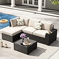 TerraRelax 5 Pieces Patio Furniture Set, Wicker Outdoor Sectional Sofa with Cushion & Coffee Table, Wider Armrest Patio Conversation Sofa for Party, Garden, Sunroom, Beige