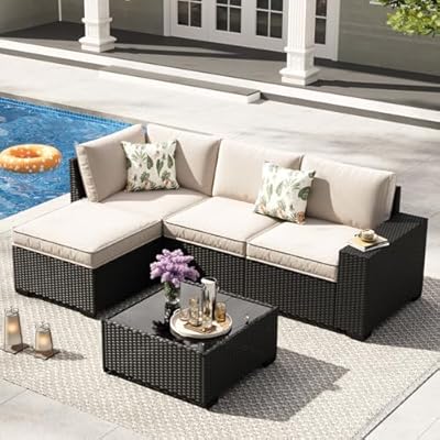 TerraRelax 5 Pieces Patio Furniture Set, Wicker Outdoor Sectional Sofa with Cushion & Coffee Table, Wider Armrest Patio Conversation Sofa for Party, Garden, Sunroom, Beige